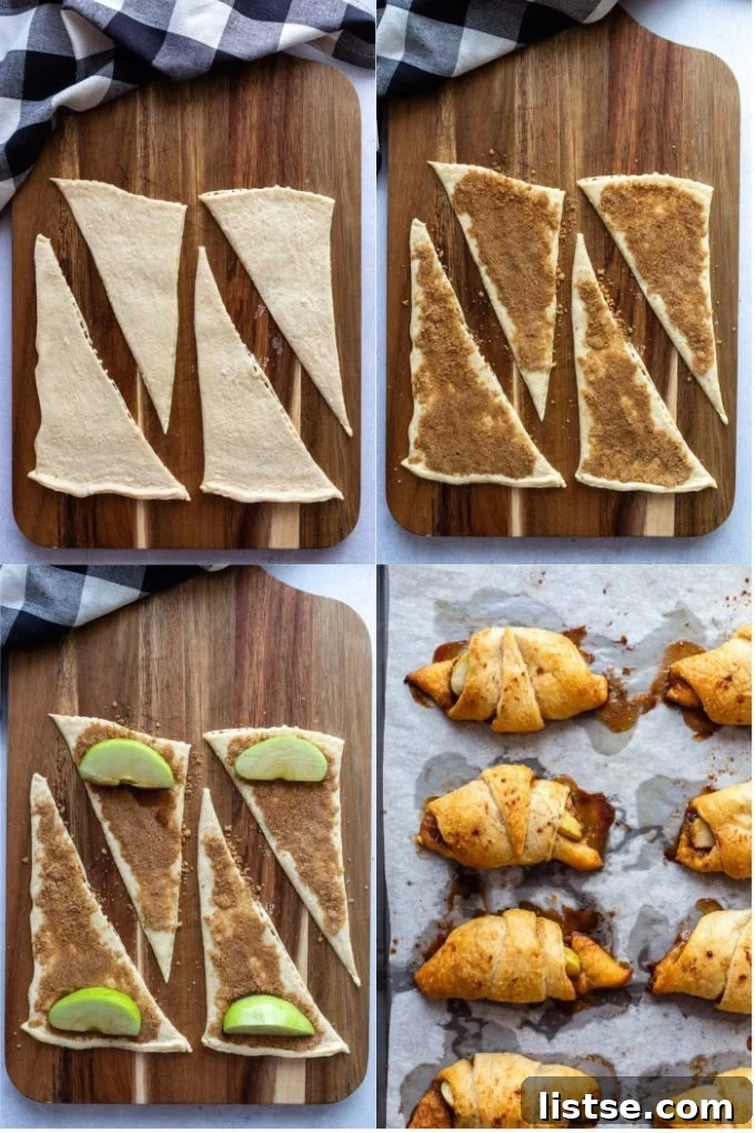 Flaky Apple Crescents 4 A four-panel collage showing the step-by-step process of making apple pie crescent rolls. Top left: Uncooked crescent rolls laid out. Top right: Rolls topped with brown sugar and cinnamon. Bottom left: Rolls with apple slices before rolling. Bottom right: Cooked, golden crescent rolls on a baking sheet with caramelized cinnamon sugar.