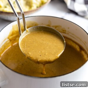 close up of vegan gravy in a pot