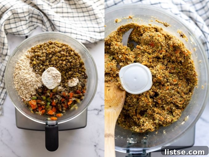 Hearty Plant-Based Loaf 4 Side-by-side images showing vegan meatloaf ingredients: sauteed vegetables, cooked lentils, oats, and seasonings in a bowl, followed by the blended mixture ready for baking