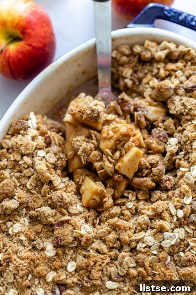 Sweet & Simple Vegan Apple Crisp 3 Close-up of golden brown vegan apple crisp topping with oats