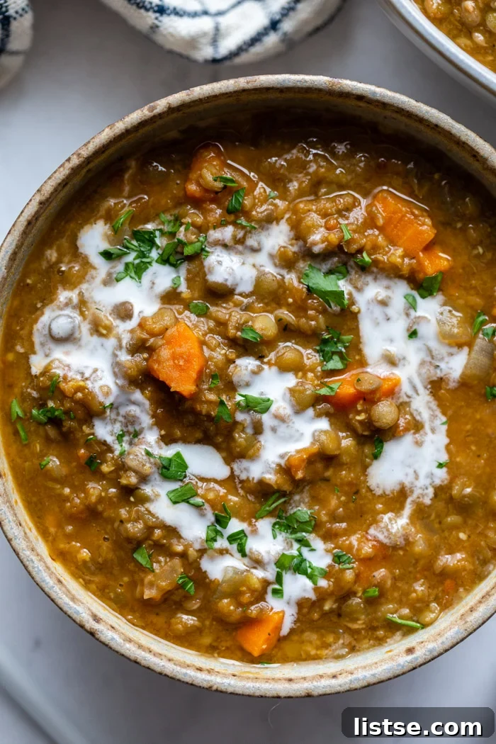 One-Pot Vegan Lentil Soup 2 top down shot of a bowl of lentil soup with carrots in it. it's topped with a cream sauce and chopped parsley