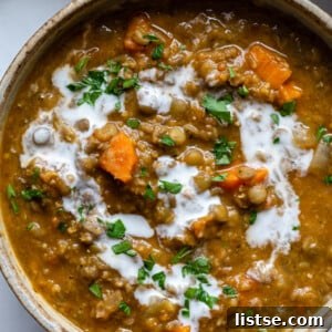 A comforting bowl of vegan lentil soup with carrots and fresh parsley