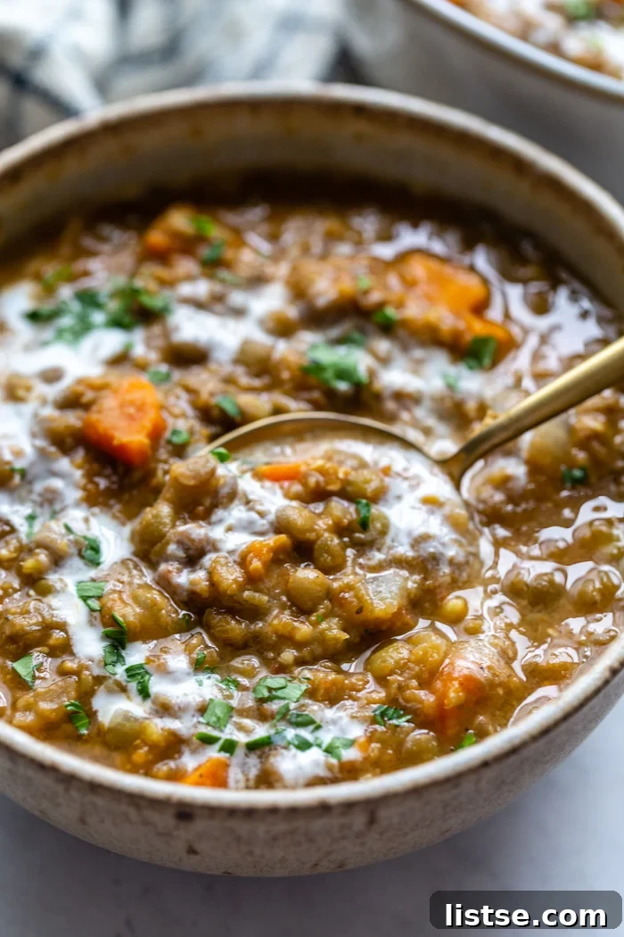 One-Pot Vegan Lentil Soup 3 up close shot of a bowl of brown lentil soup with carrots in it and a spoon coming out the side