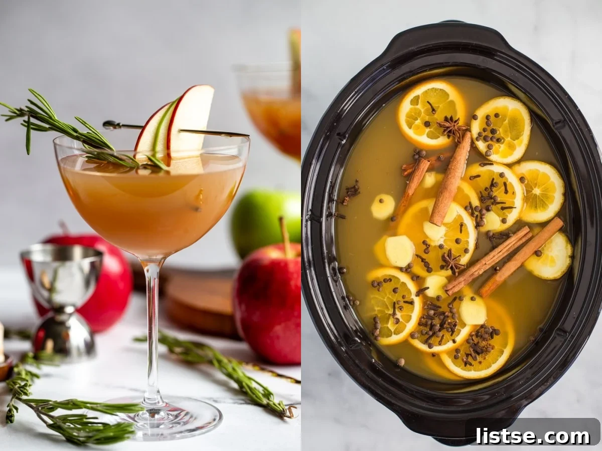 Two enticing images side by side. The left image features an elegant apple cider cocktail presented in a flute glass, garnished with a cinnamon stick and apple slice. The right image shows a slow cooker brimming with rich, mulled apple cider, ready to warm the holiday crowd.