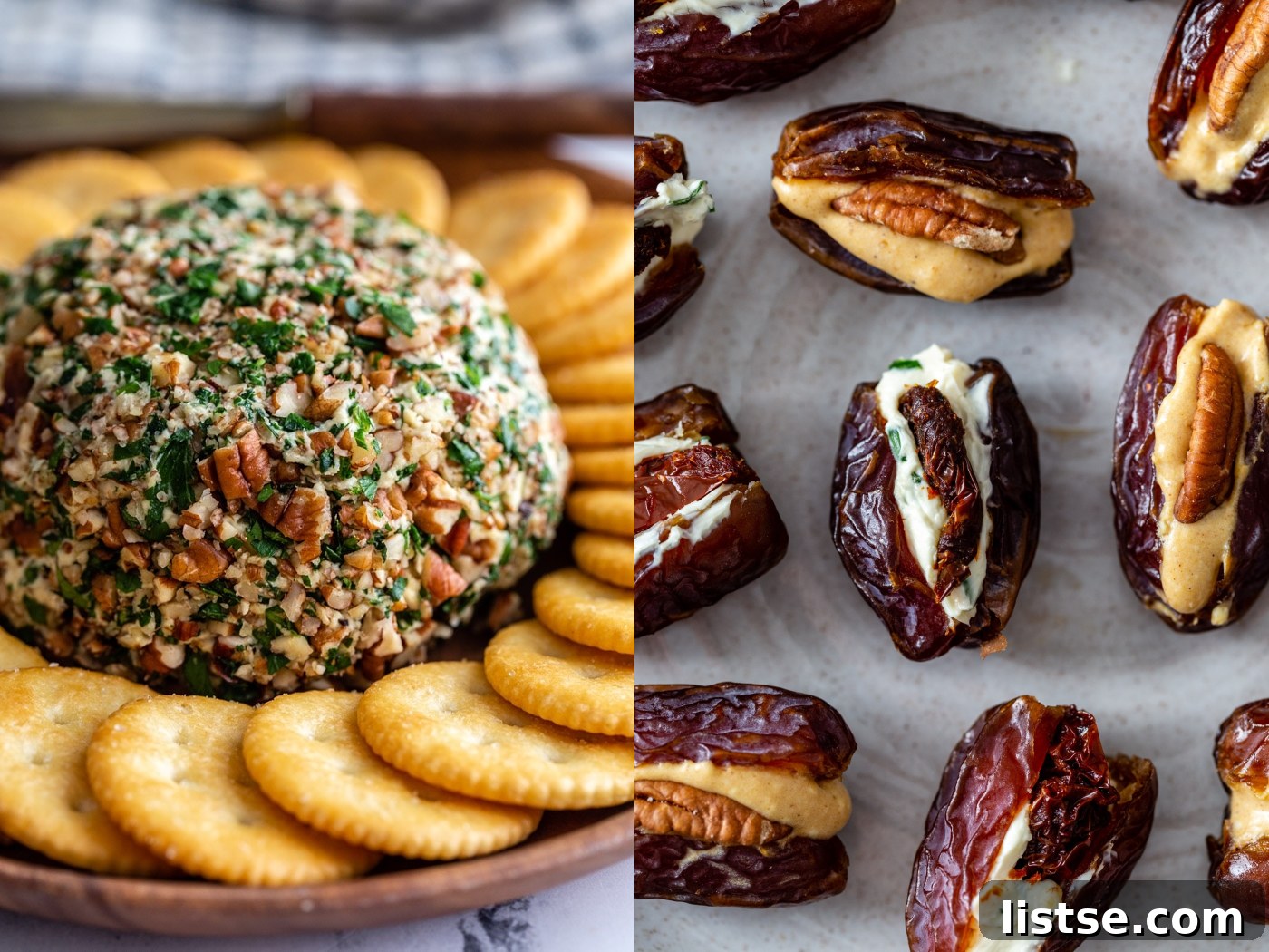 Two inviting images placed side by side. The left image showcases a beautifully crafted vegan cheeseball, surrounded by an assortment of crackers and fresh herbs, ready for spreading. The right image displays a plate of decadent cream cheese-stuffed dates, garnished with a sprinkle of nuts, offering a sweet and savory bite.
