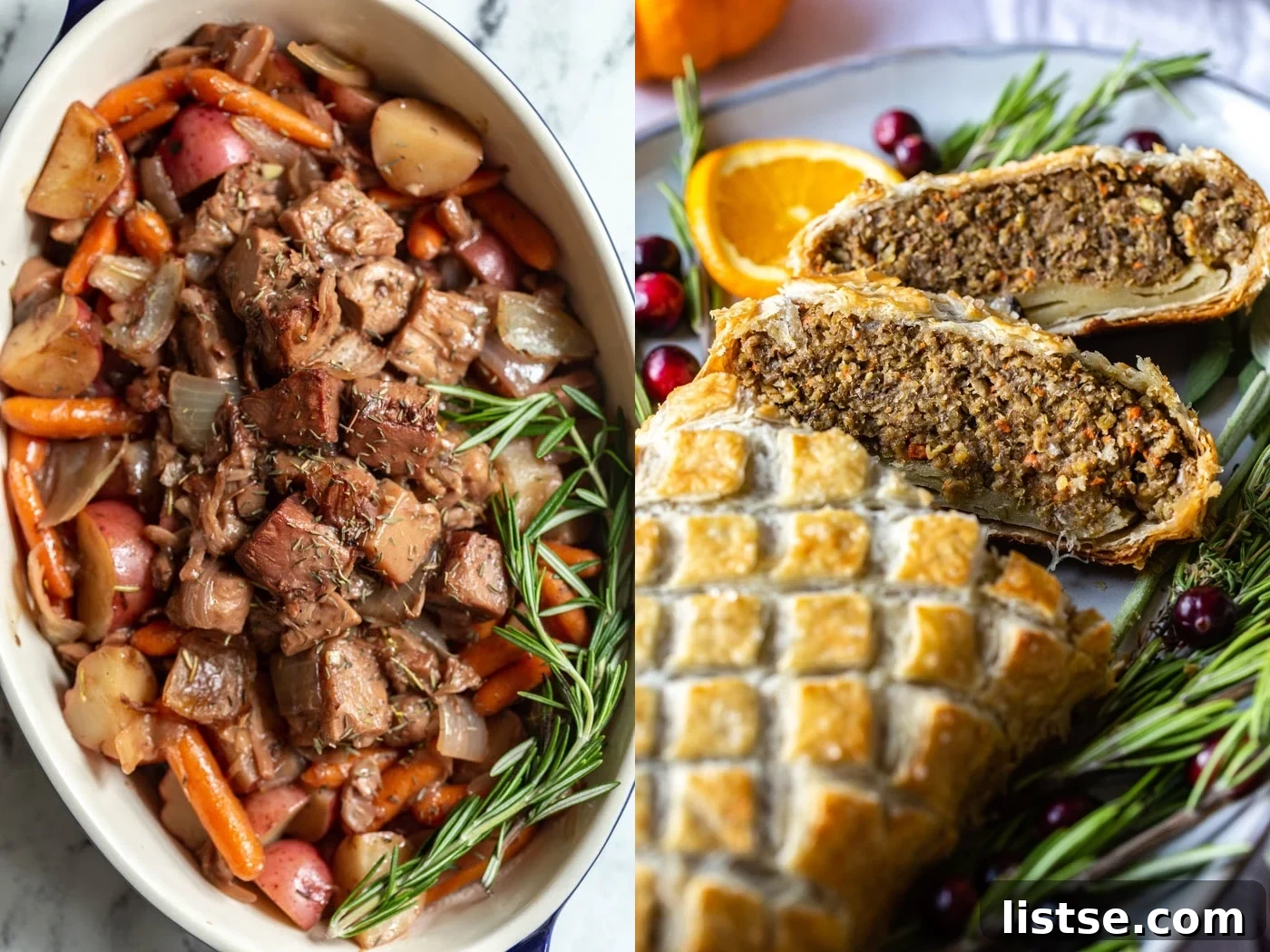Two mouth-watering images positioned side by side. The left image features a robust jackfruit pot roast, slow-cooked to perfection and surrounded by an array of tender vegetables. The right image proudly displays a magnificent vegan Wellington, with its golden, flaky crust, ready to be carved and enjoyed.