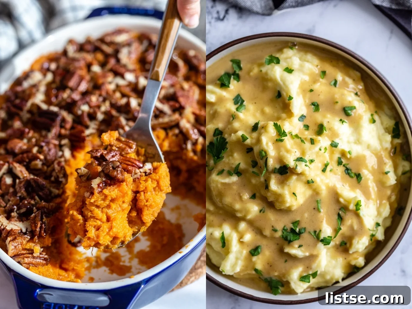 Two appealing images side by side. The left image captures a luscious sweet potato casserole, with a serving spoon lifting a scoop to reveal its creamy texture and toasted marshmallow topping. The right image shows a generous bowl of fluffy mashed potatoes, generously smothered in rich, savory gravy.