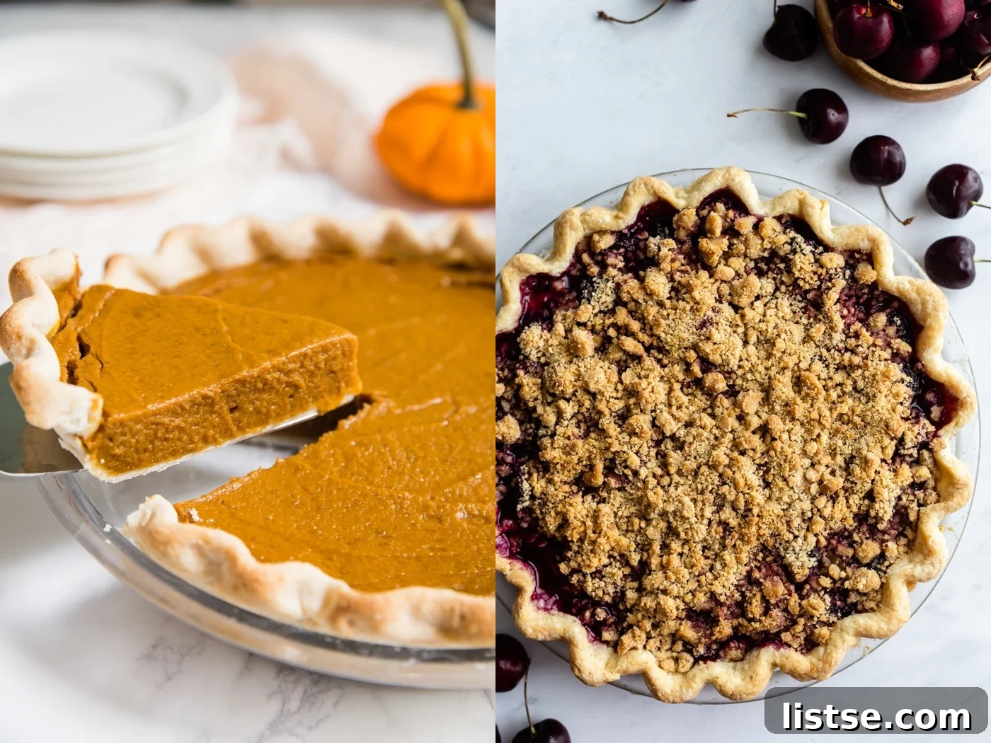 Two delectable images placed side by side. The left image shows a perfect slice of vegan pumpkin pie being carefully lifted from the whole pie, revealing its smooth, spiced filling and flaky crust. The right image features a rustic cherry crumble pie, with its sweet fruit filling bubbling beneath a golden, crumbly topping.