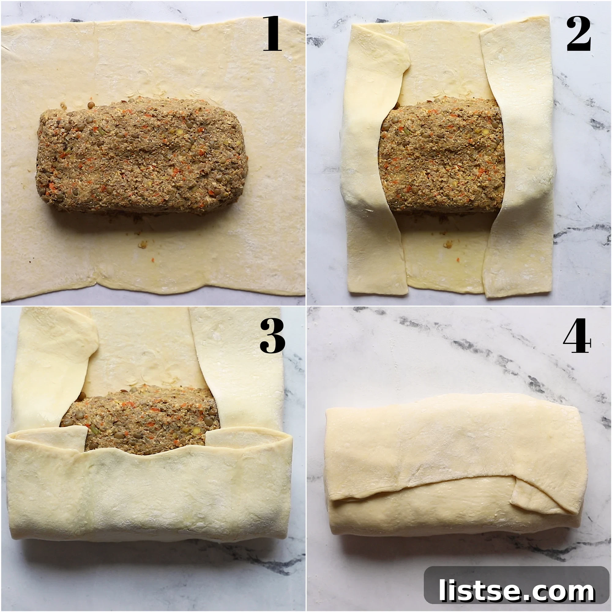 A four-panel collage illustrating the step-by-step process of folding and shaping a vegetarian Wellington with puff pastry, ensuring a perfect seal.