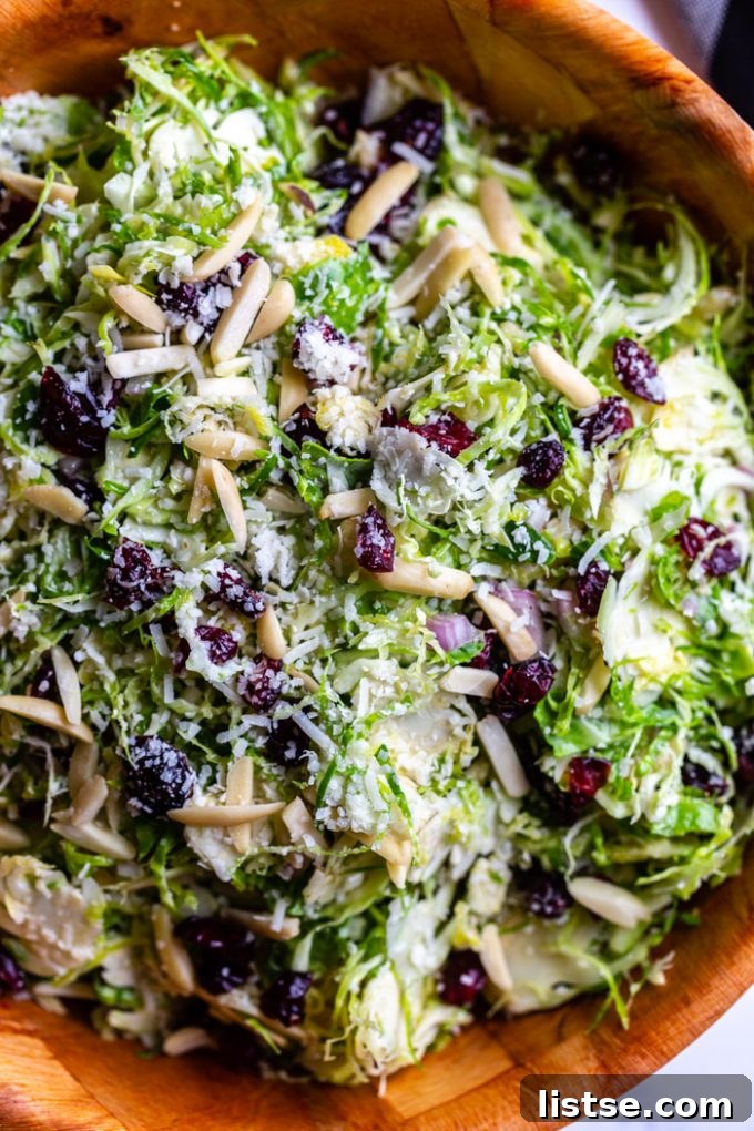 Crispy Brussels Sprout Salad 3 shredded brussel spouts tossed with dressing in a bowl