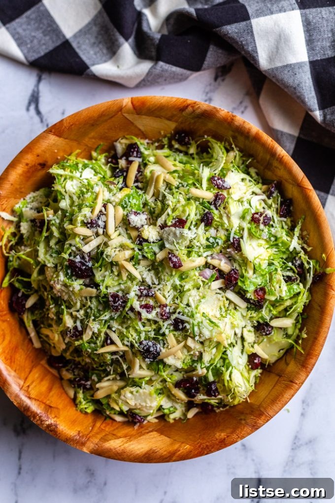 Crispy Brussels Sprout Salad 4 shredded brussel sprouts salad in a large serving bowl