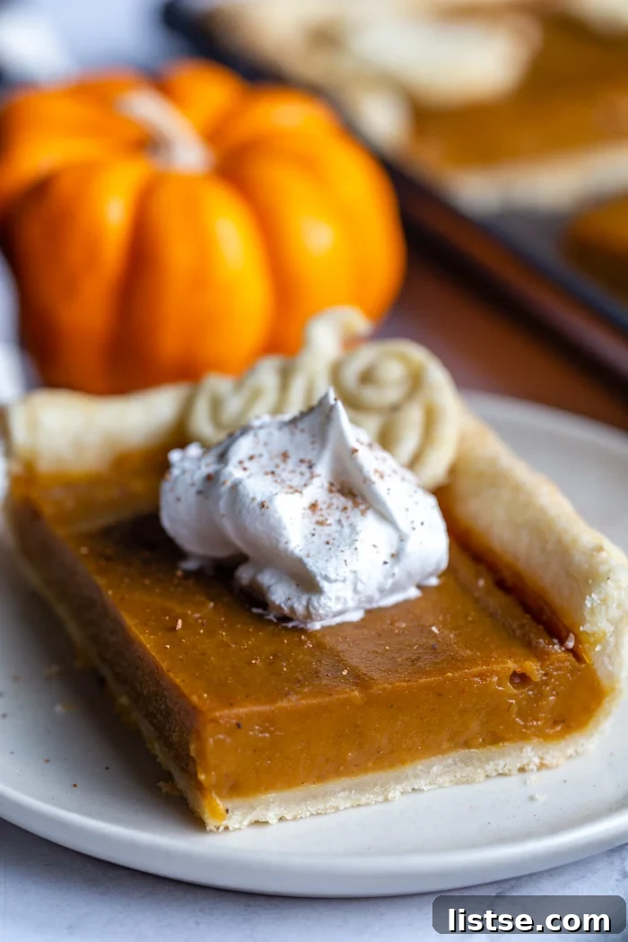 Pumpkin Slab Pie 3 square slice of pumpkin pie on a plate topped with whipped cream. a small orange pumpkin in the background