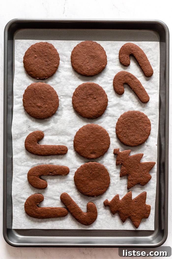 chocolate sugar cut out cookies on a baking tray lined with parchment paper