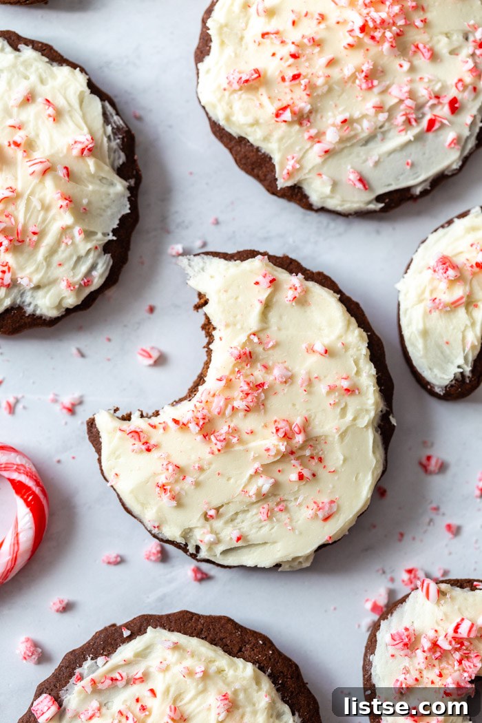 top down shot of chocolate sugar cookies with a peppermint frosting on top. one cookie has a bite taken out of it