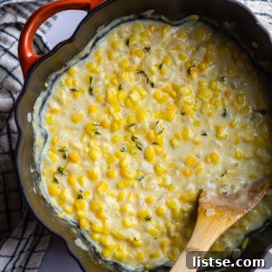 A small portion of vegan creamed corn with fresh thyme