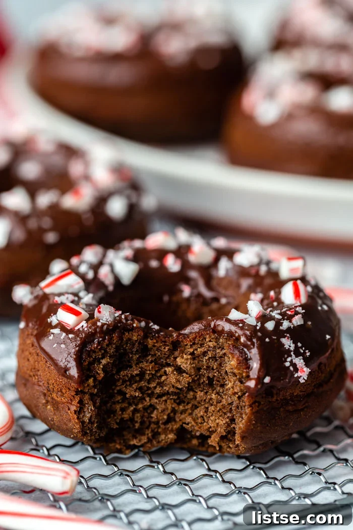 Another enticing side shot of a chocolate peppermint donut, showcasing its smooth chocolate glaze and vibrant crushed peppermint topping.