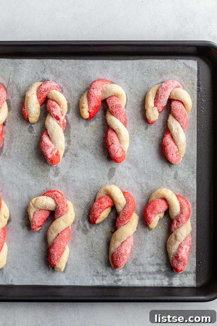 Holiday Peppermint Twists 4 Rows of perfectly shaped red and white vegan candy cane cookies arranged on a baking sheet lined with parchment paper, awaiting their turn in the oven.