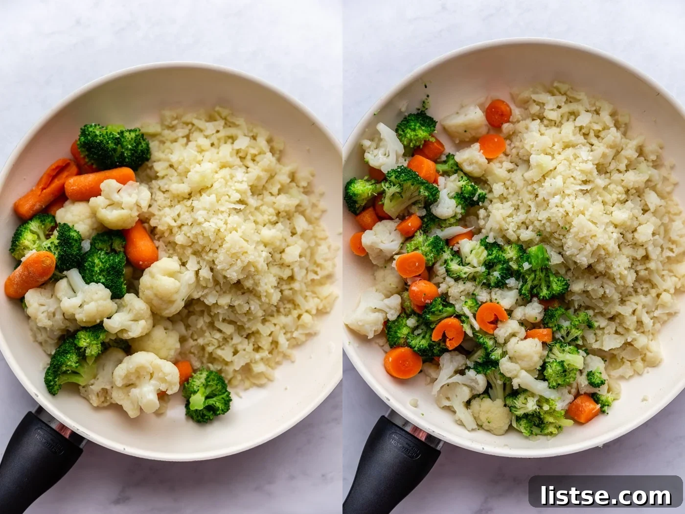 Side-by-side comparison. The left image shows steamed cauliflower rice and separate steamed vegetables in a skillet. The right image shows the cauliflower rice mixed with the steamed and chopped vegetables, illustrating the preparation steps.
