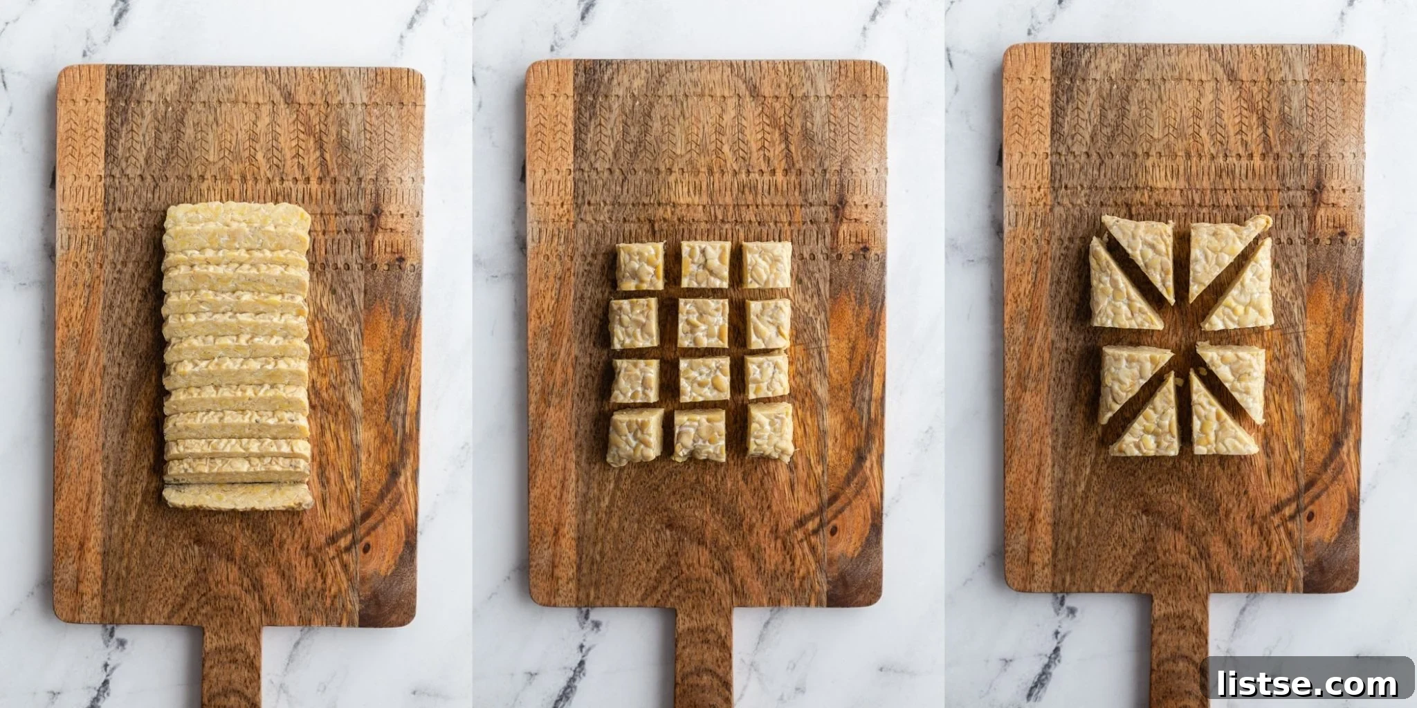 collage of three side by side images. First image is thinly sliced tempeh on a cutting board, second image is cubed tempeh on a cutting board, third image is triangular tempeh on a cutting board