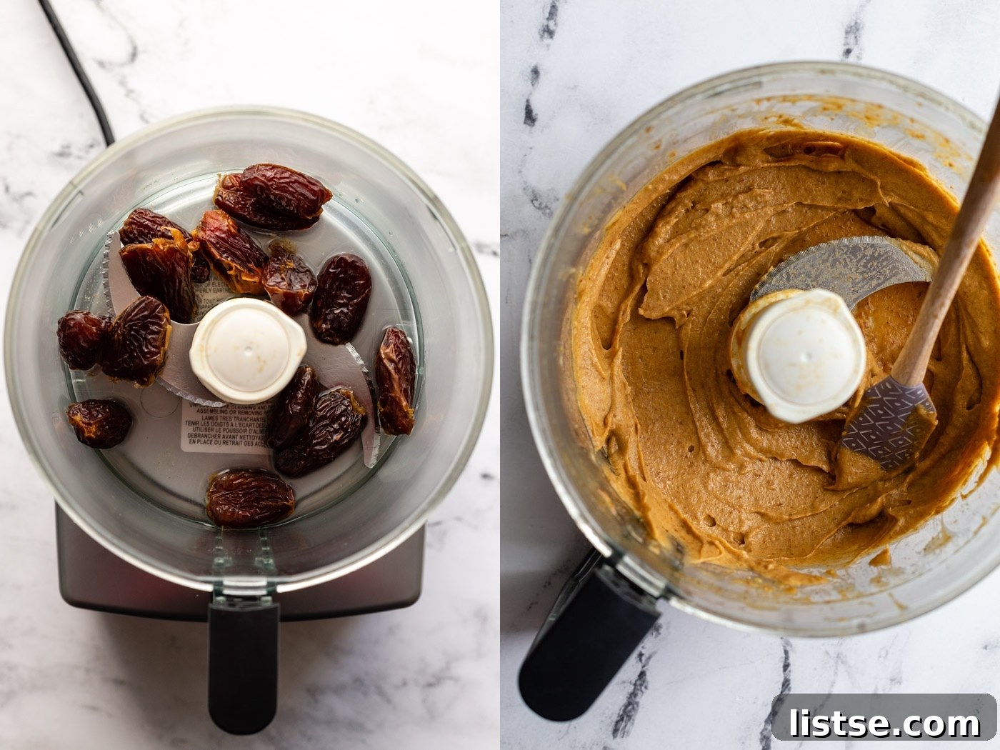 Natural Date Sweetener 4 Side-by-side comparison: left shows pitted Medjool dates in a food processor, right shows freshly blended date paste in the same food processor bowl.