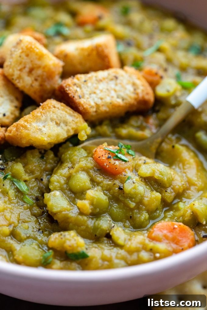 A close-up of a spoonful of vegan split pea soup, showcasing its rich, thick texture and hearty consistency.