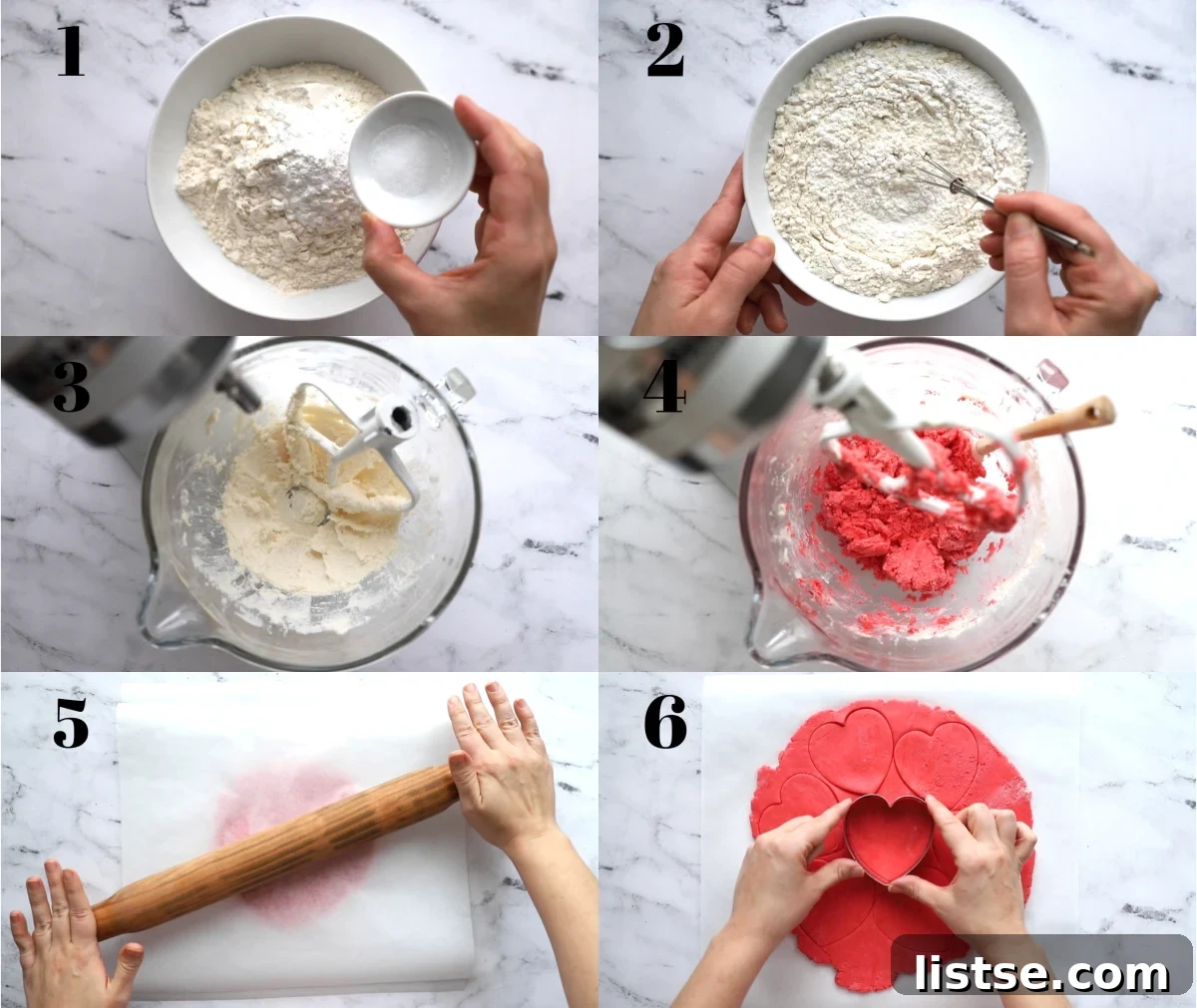 Step-by-step visual guide showing the process of making vegan Valentine's Day cookies, from mixing ingredients to cutting out heart shapes.