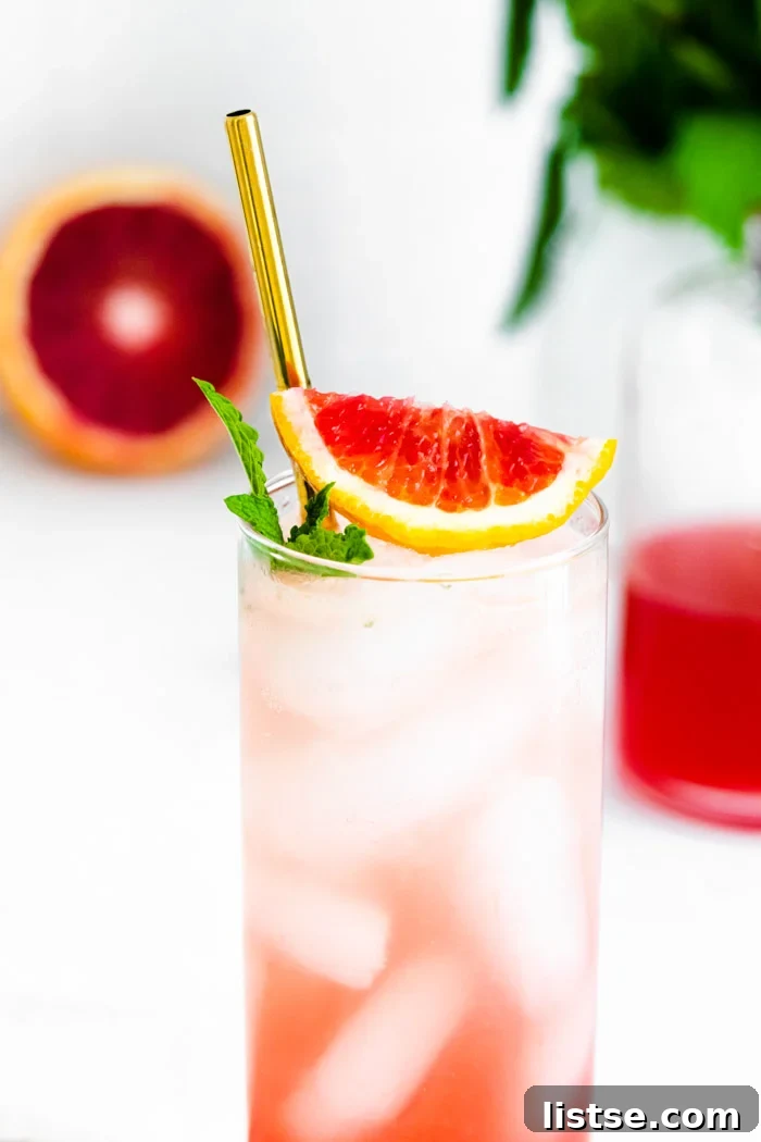 Ruby Red Mojito 3 up close shot of Tall glass filled with ice and a blood orange mojito and blood orange slice and mint on the top