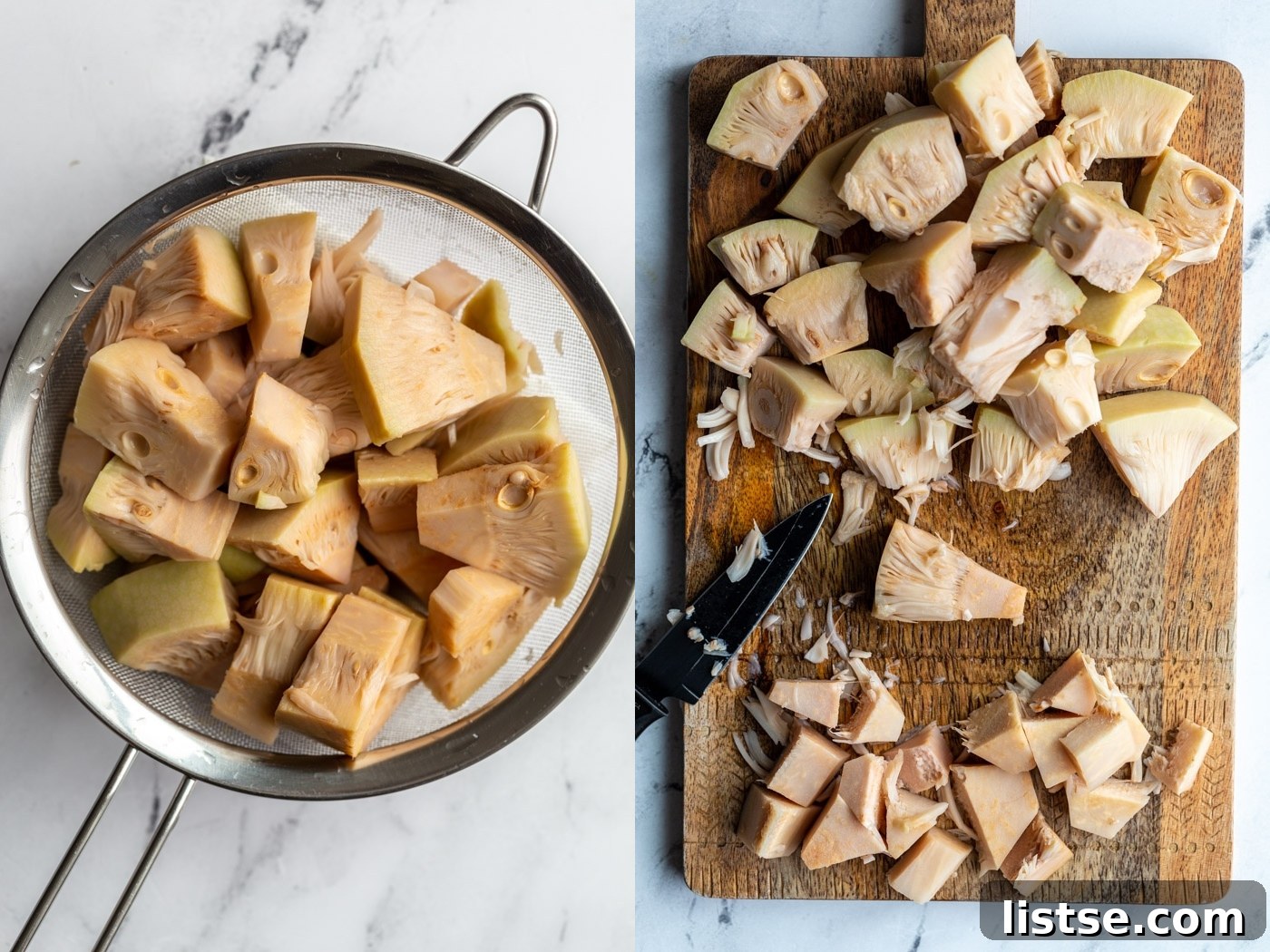 Pulled Jackfruit Carnitas 5 side by side images: left image is jackfruit pieces in a mesh sieve. right image is the same jackfruit pices on a cutting board
