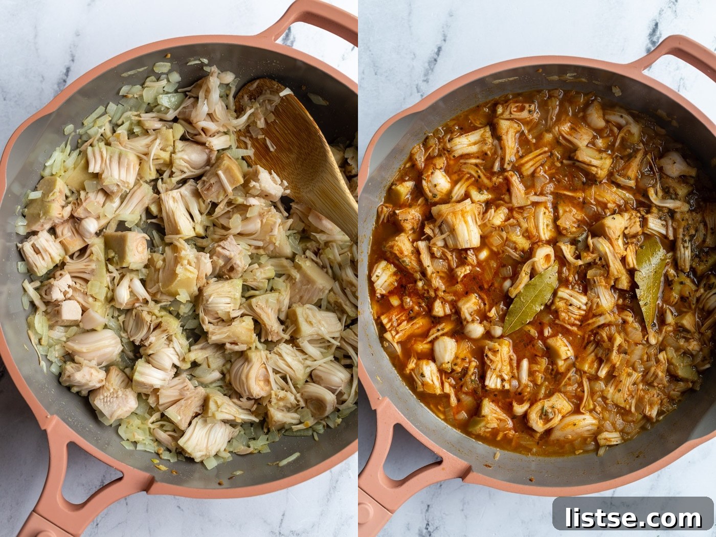 Pulled Jackfruit Carnitas 6 side by side images: left image is jackfruit in a pink skillet with onion. right image is broth and spices added to the skillet with the jackfruit