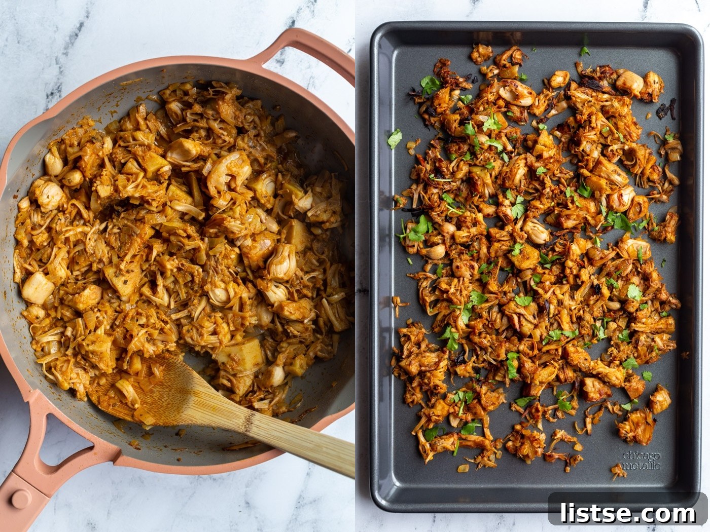 Pulled Jackfruit Carnitas 7 side by side images: left is a pink skillet with jackfruit and spices in it. Right image is shredded jackfruit carnitas on a small baking tray