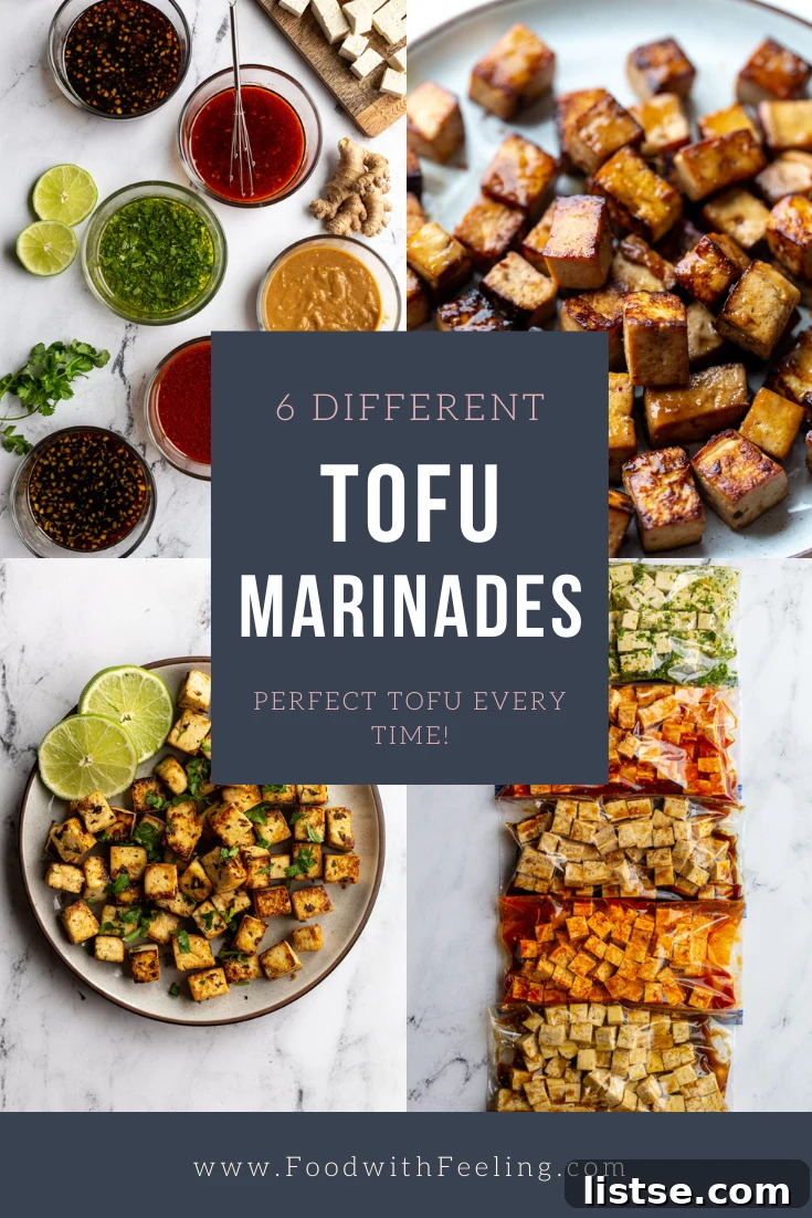 6 Effortless Tofu Marinade Ideas 2 Collage image with 4 photos of tofu marinating and cooke with text tht reads "6 DIFFERENT TOFU MARINADES: perfect tofu every time!