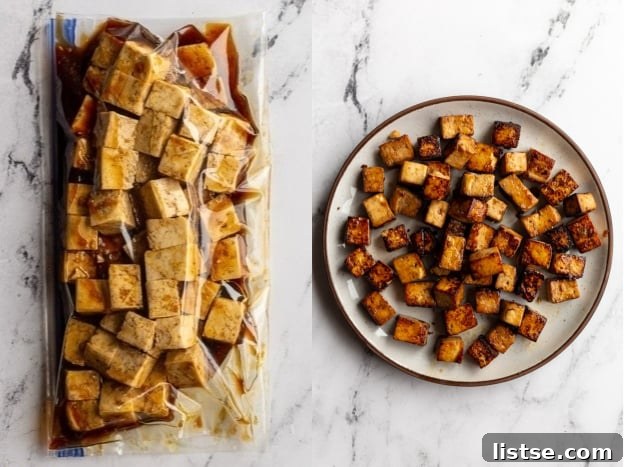 6 Effortless Tofu Marinade Ideas 11 collage image: left image is tofu and Teriyaki marinade in a gallon size baggie. Right image: the cooked Teriyaki tofu on a plate