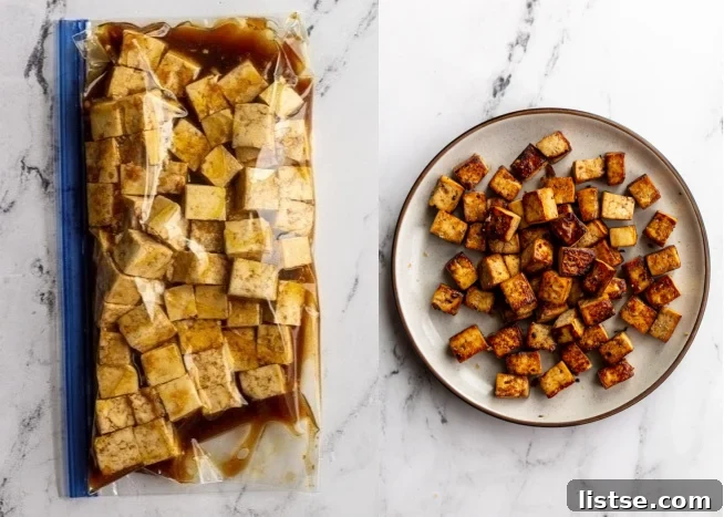 6 Effortless Tofu Marinade Ideas 12 collage image: left image is tofu and Balsamic marinade in a gallon size baggie. Right image: the cooked Balsamic tofu on a plate
