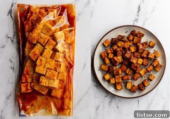 6 Effortless Tofu Marinade Ideas 13 collage image: left image is tofu and Fajita marinade in a gallon size baggie. Right image: the cooked Fajita tofu on a plate