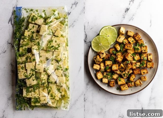 6 Effortless Tofu Marinade Ideas 9 collage image: left image is tofu and cilantro lime marinade in a gallon size baggie. Right image: the cooked cilantro lime tofu on a plate