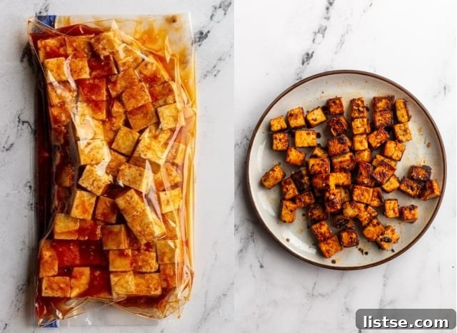6 Effortless Tofu Marinade Ideas 10 collage image: left image is tofu and bbq marinade in a gallon size baggie. Right image: the cooked bbq tofu on a plate