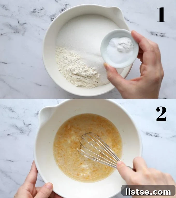 Zesty Vegan Grapefruit Loaf 6 side by side images. top image: flour and sugar in a large white bowl with a hand holding a pinch bowl full of baking powder about to be poured it. Bottom image: wet ingredients for the recipe being whisked in a large white bowl including milk, oil, and yogurt