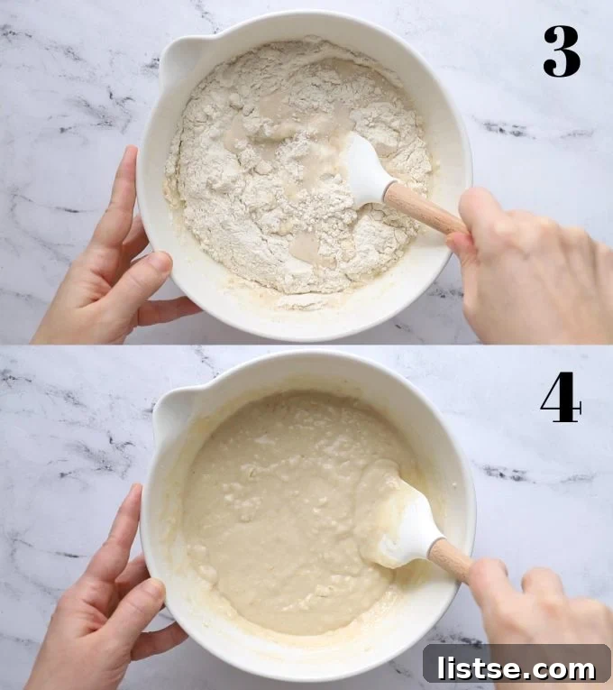 Zesty Vegan Grapefruit Loaf 7 side by side images. Top image: large white bowl with dry and wet ingredients for a loaf being mixed together with a spatula in hand. Bottom image: all of those ingredients mixed together into a batter