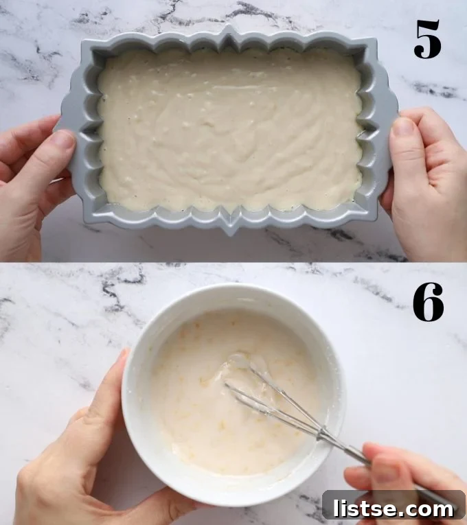 Zesty Vegan Grapefruit Loaf 8 side by side images. Top image: load batter in a nordickware loaf pan. Bottom image: small bowl with icing ingredients being mixed with a whisk