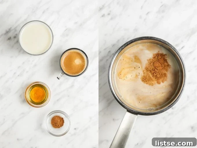 Liquid Gold Latte 5 side by side images. Left image: ingredients for a latte including milk, coffee, cinnamon, and honey. Right image: all of those ingredients dumped into a stainless steal pot