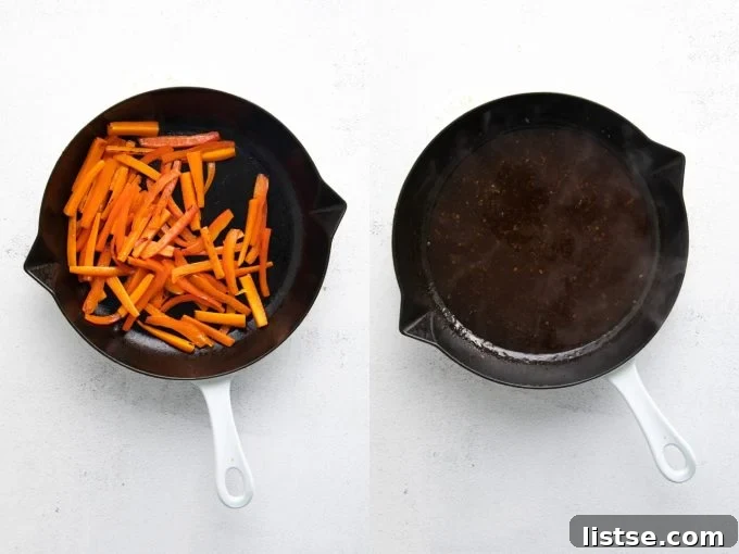 Veggies cooking in a large skillet for vegan Pad Thai