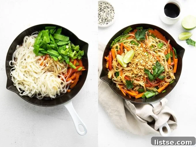 Combining noodles, vegetables, and sauce in a skillet for Pad Thai