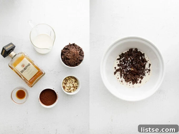 Amaretto Dream Truffles 4 Side-by-side comparison. Left: All ingredients for Amaretto Chocolate Truffles, including a bar of chocolate and a bottle of Amaretto. Right: Finely chopped good quality chocolate in a white bowl, ready for melting.