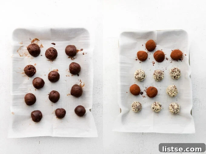 Amaretto Dream Truffles 6 Side-by-side images showcasing the finished chocolate truffles. Left: Plain chocolate truffle spheres arranged neatly on a parchment-lined baking sheet. Right: The same truffles, now half coated in cocoa powder and half in finely chopped almonds, ready for enjoyment.