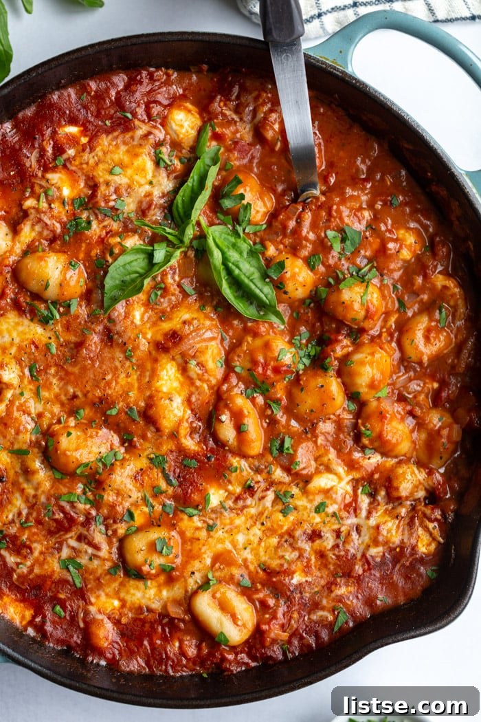Sun Ripened Tomato Gnocchi 2 skillet with tomato sauce and gnocchi covered with cheese and garnished with fresh basil