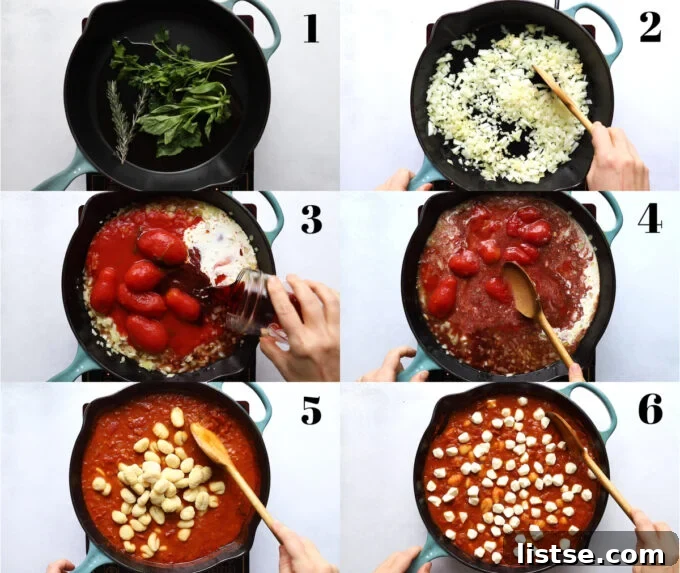 Sun Ripened Tomato Gnocchi 5 collage image showing the 6 steps of making this gnocchi dish: 1) herbs sauteing in a skillet 2) onion sauteiing in a skillet 3) tomatoes, cream and wine being poured in a skillet 4) wooden spoon working to crush the tomatoes 5) gnocchi being added to the tomato sauce 6) skillet with pearl mozzarella nestled into the tomato sauce