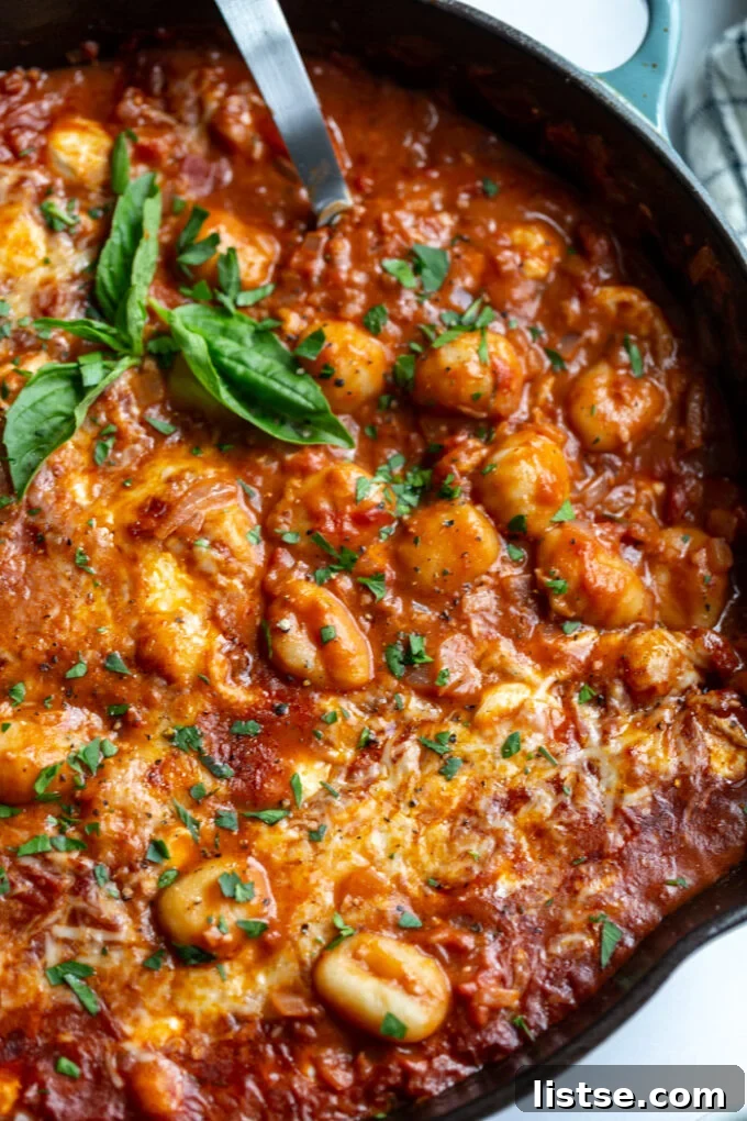Sun Ripened Tomato Gnocchi 6 skillet with tomato sauce and gnocchi covered with cheese and garnished with fresh basil