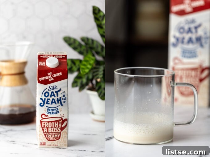 Side-by-side images. On the left, a carton of Silk Oat Yeah Oatmilk Creamer on a kitchen counter. On the right, the creamer frothed and mixed into a clear mug of coffee.