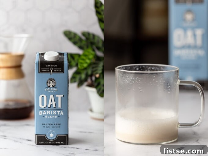 Side-by-side images. On the left, a carton of Califia Farms Oat Barista Blend on a kitchen counter. On the right, the creamer frothed and poured into a clear mug.