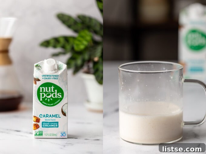 Side-by-side images. On the left, a carton of Nut Pods Almond + Coconut Caramel Creamer on a kitchen counter. On the right, the creamer frothed and mixed into a clear mug of coffee.